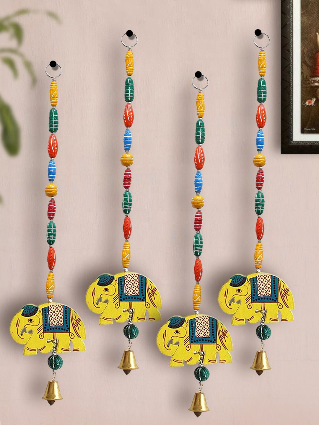 TIED RIBBONS Set Of 4 Yellow coloured Wood Elephant Hangings Toran Wall Decor-picture-23