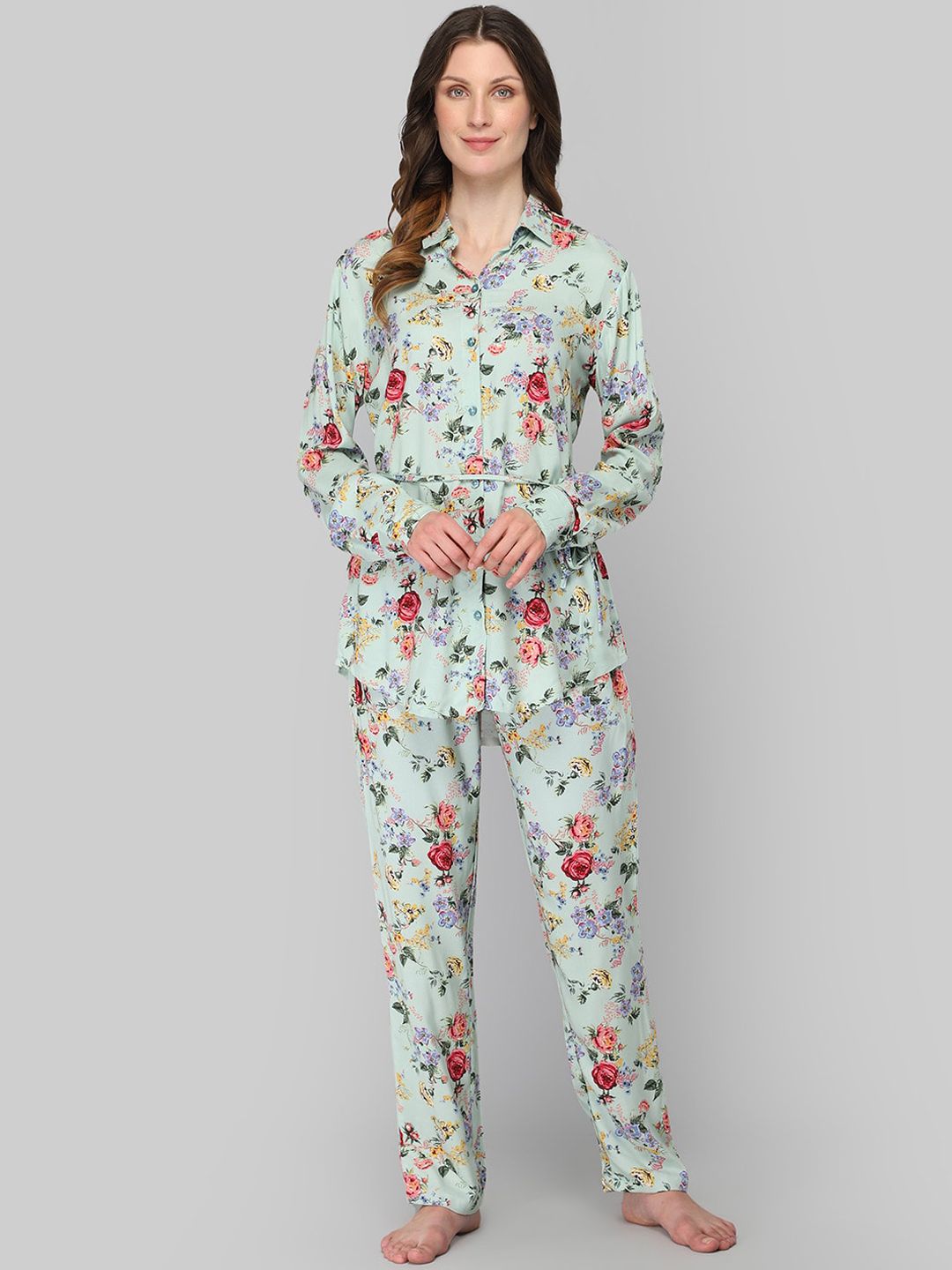 DRAPE IN VOGUE Women Sea Green & Red Printed Night Suit-picture-42