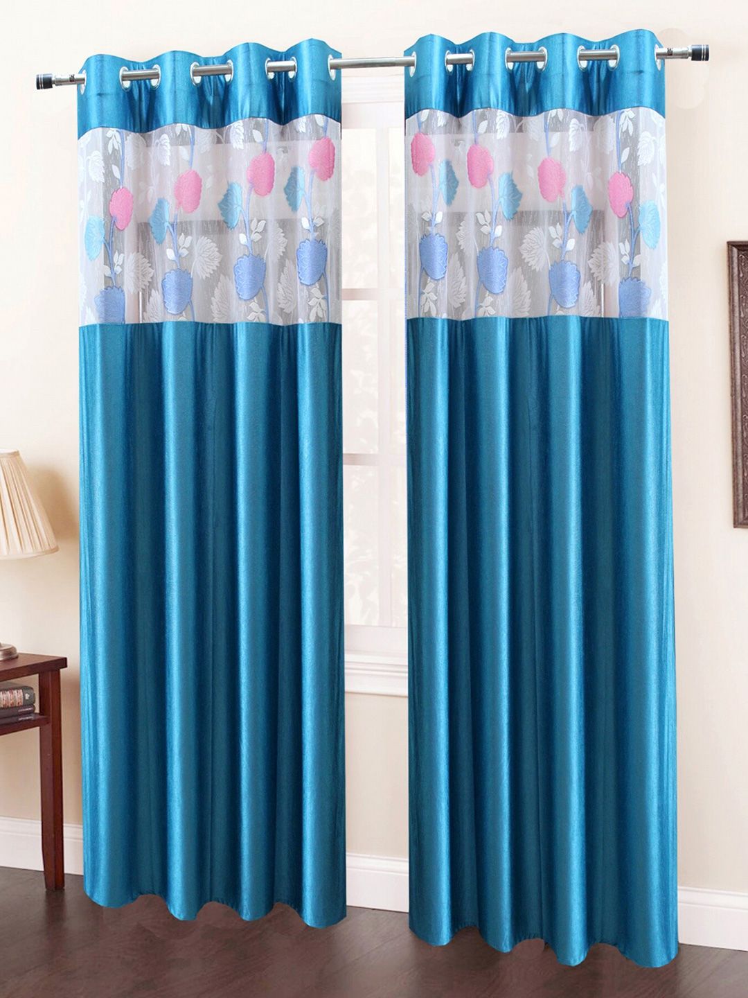 Homefab India Turquoise Blue & Pink Set of 2 Sheer Window Curtain-image-7