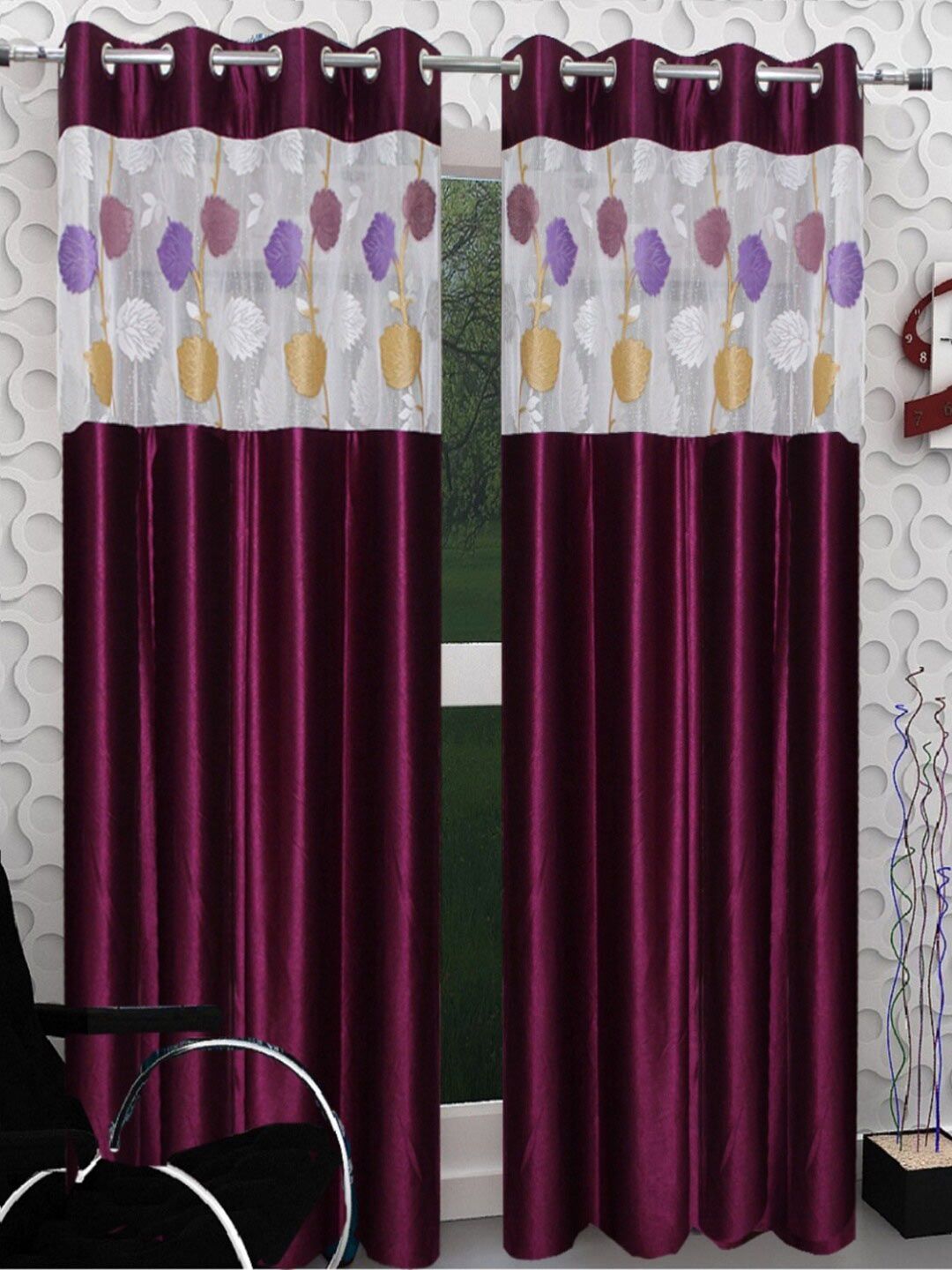 Homefab India Magenta & White Set of 2 Sheer Door Curtain-image-2