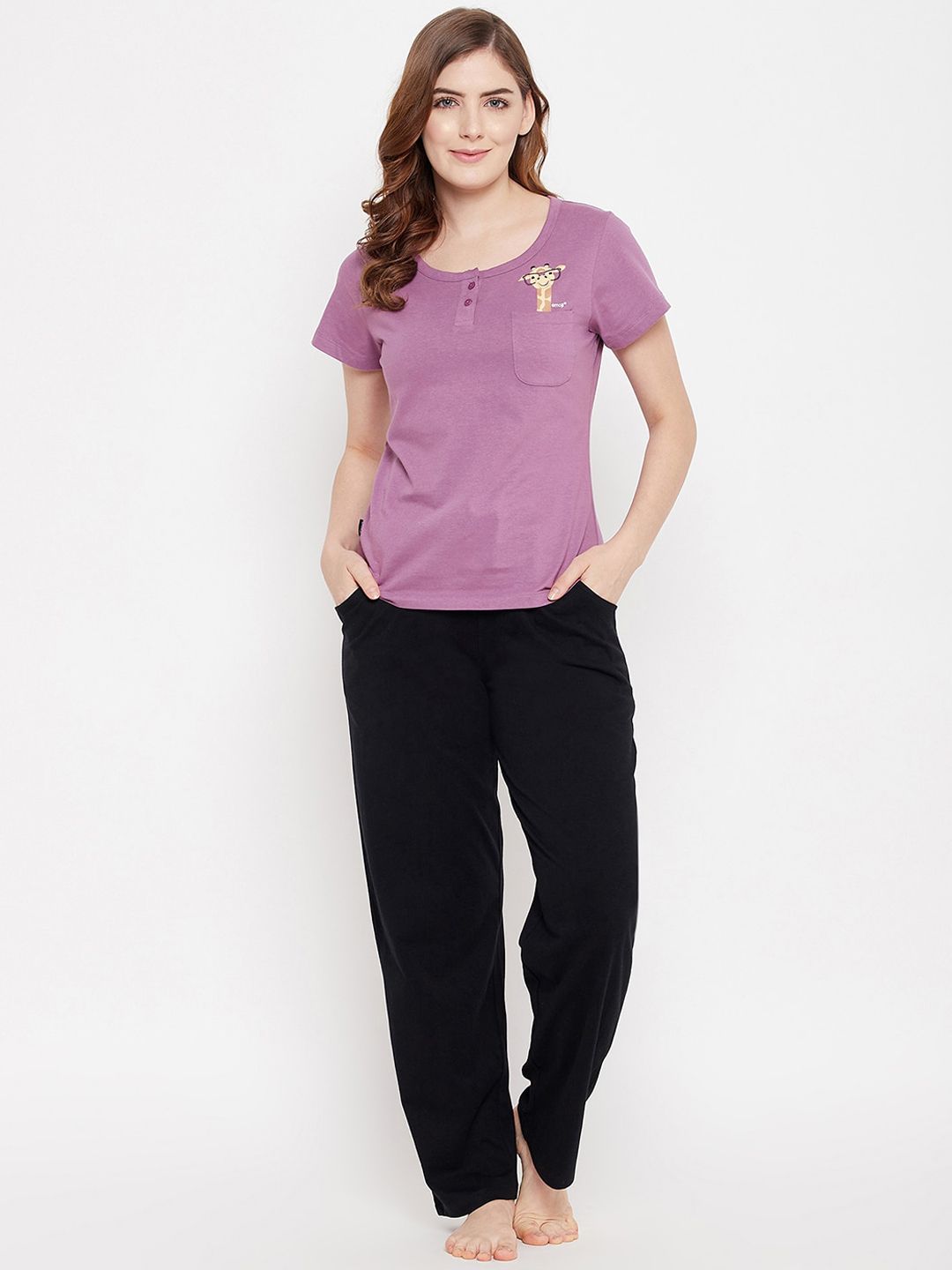 Clovia Women Purple & Black Printed Night Suit-picture-31