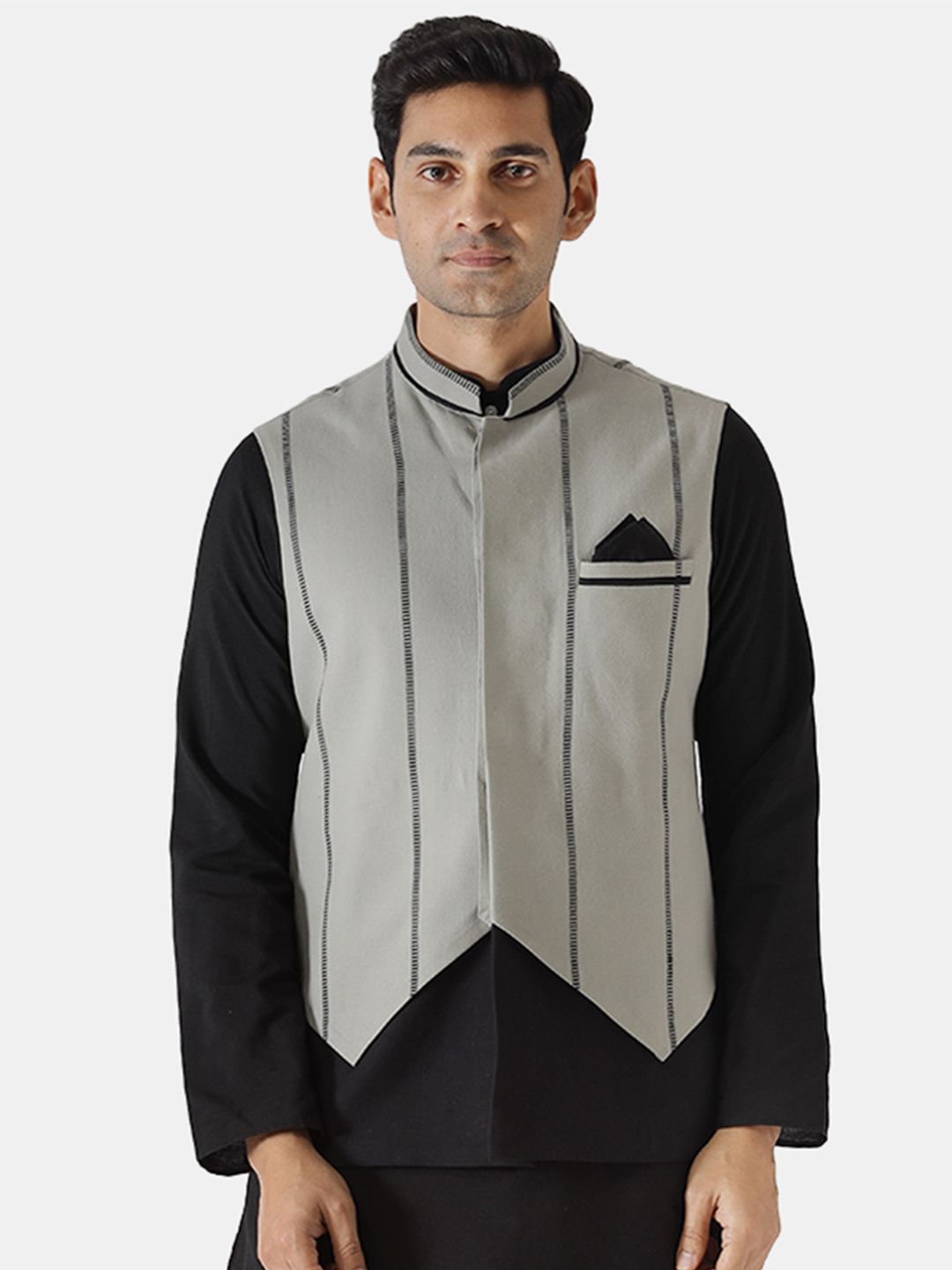 KISAH Men Grey Striped Nehru Jacket-picture-33