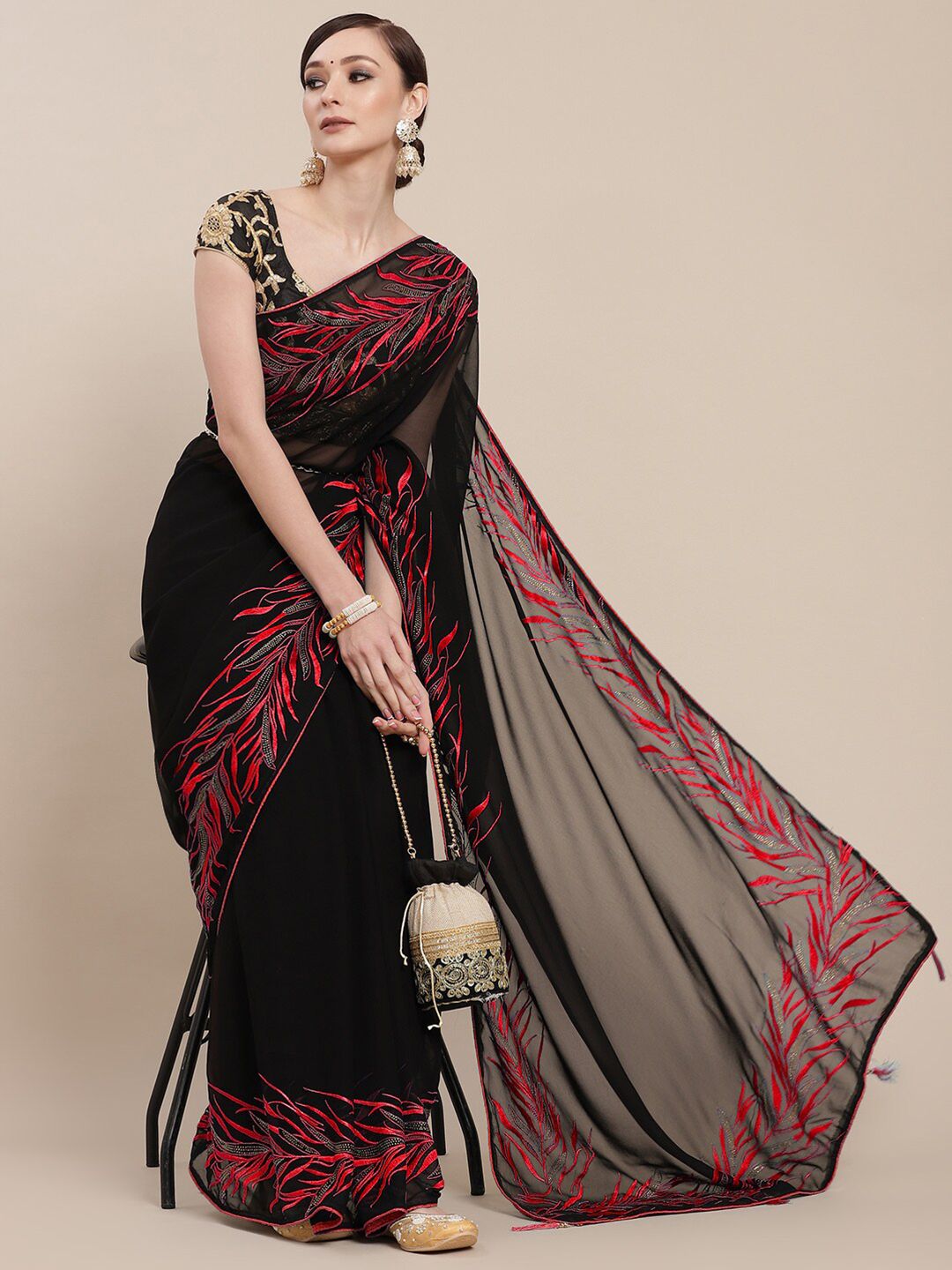 Chhabra 555 Black & Red Floral Embroidered Saree