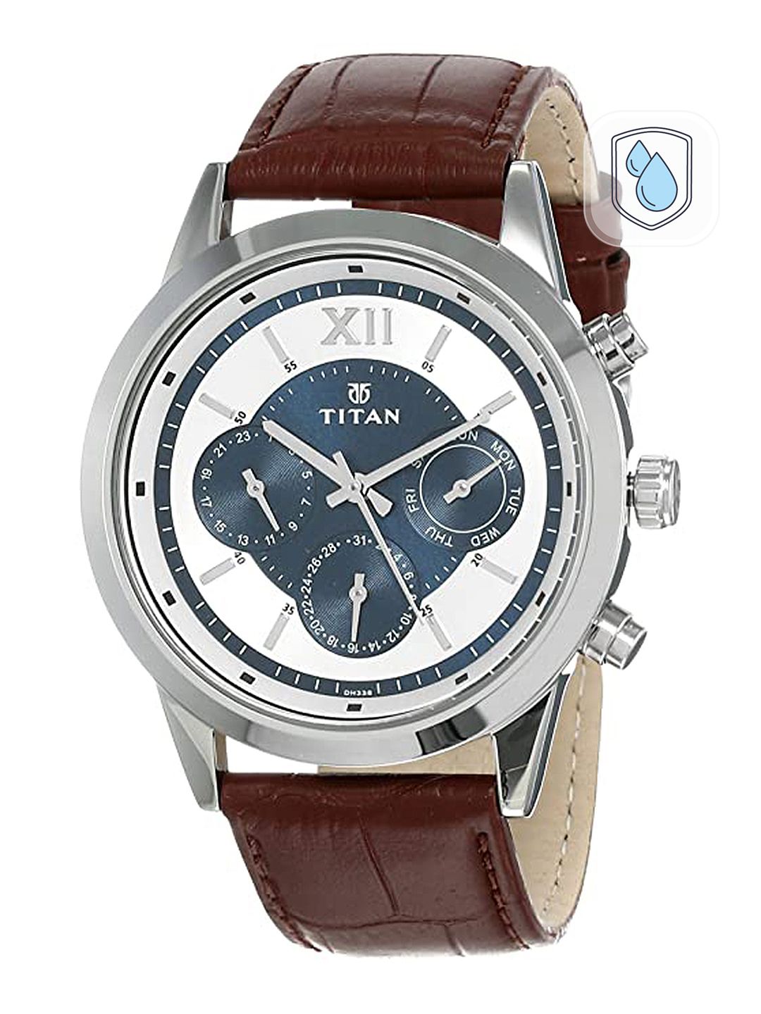 Titan Men Blue Dial & Brown Leather Straps Analogue Chronograph Watch ...