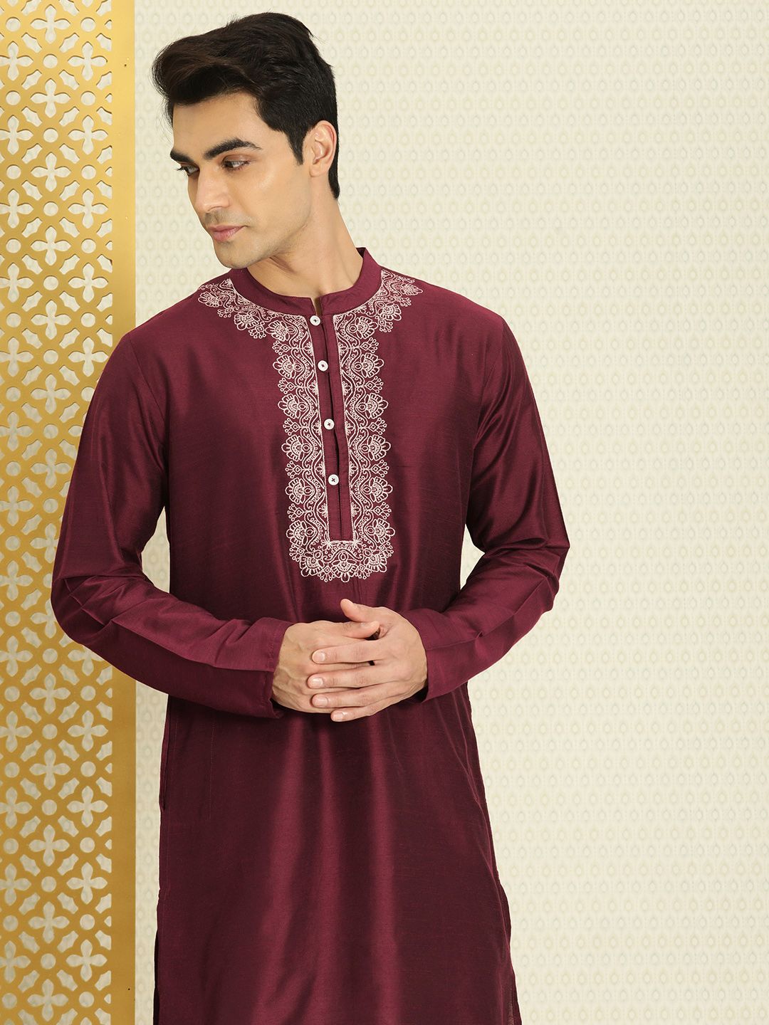 House of Pataudi Men Maroon Woven Design Mandarin-Collar Rozana Kurta