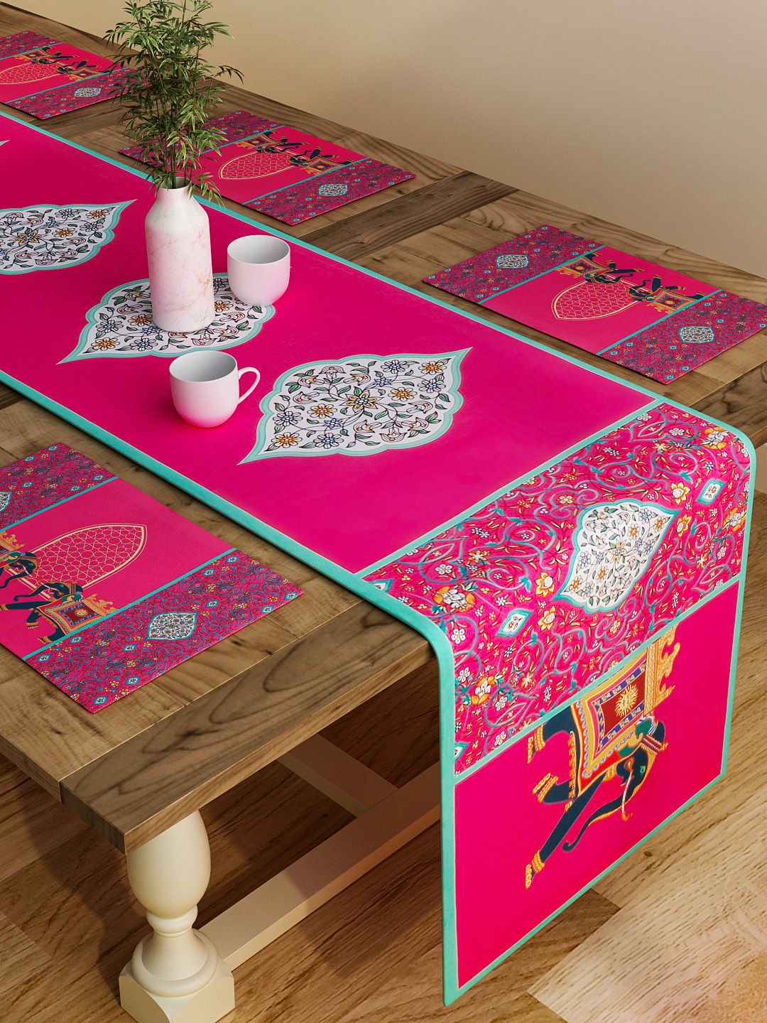 SEJ by Nisha Gupta Set of 6 Pink Printed Table Placemats and Runner Set-picture-23