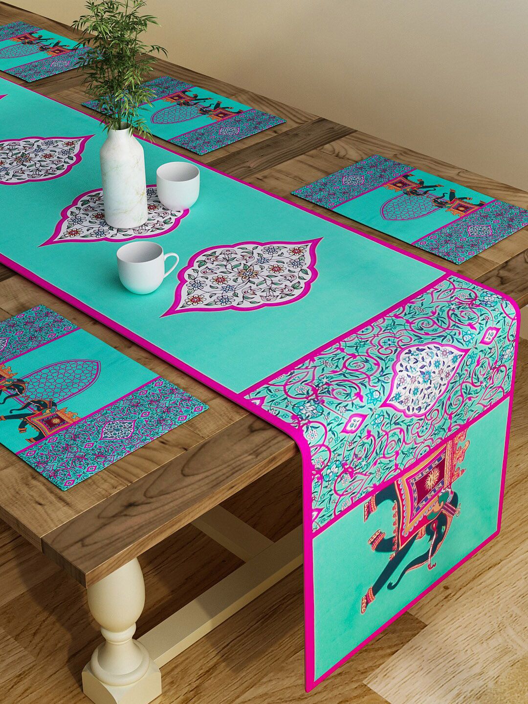 SEJ by Nisha Gupta Set Of 7 Green Abstract Printed Table Placemats & Runner-picture-13
