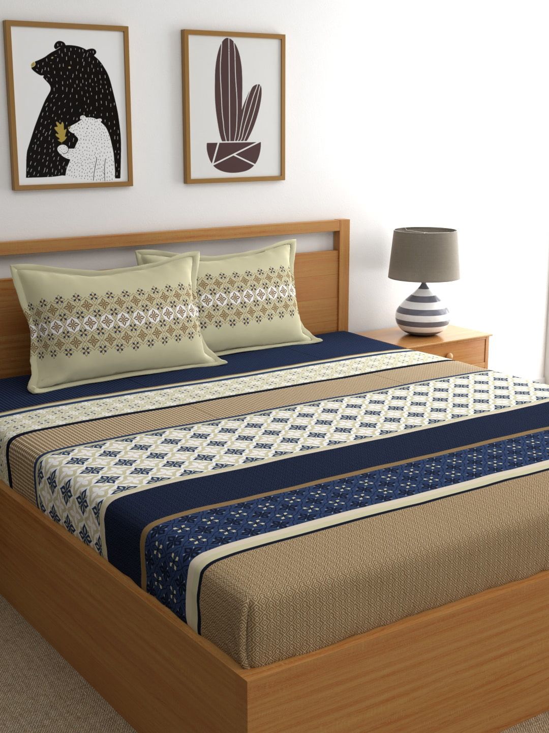 Home Ecstasy Blue & Beige Ethnic Motifs 140TC King Fitted Bedsheet with 2 Pillow Covers-image-20