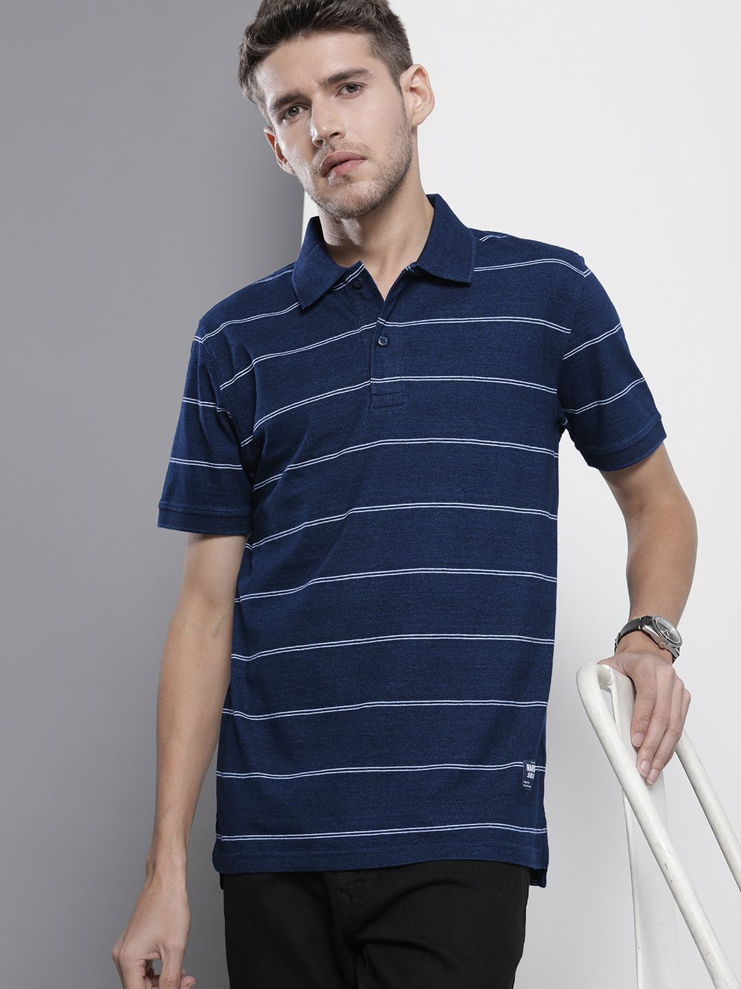 Nautica Men Blue & White Striped Pure Cotton Polo T-shirt