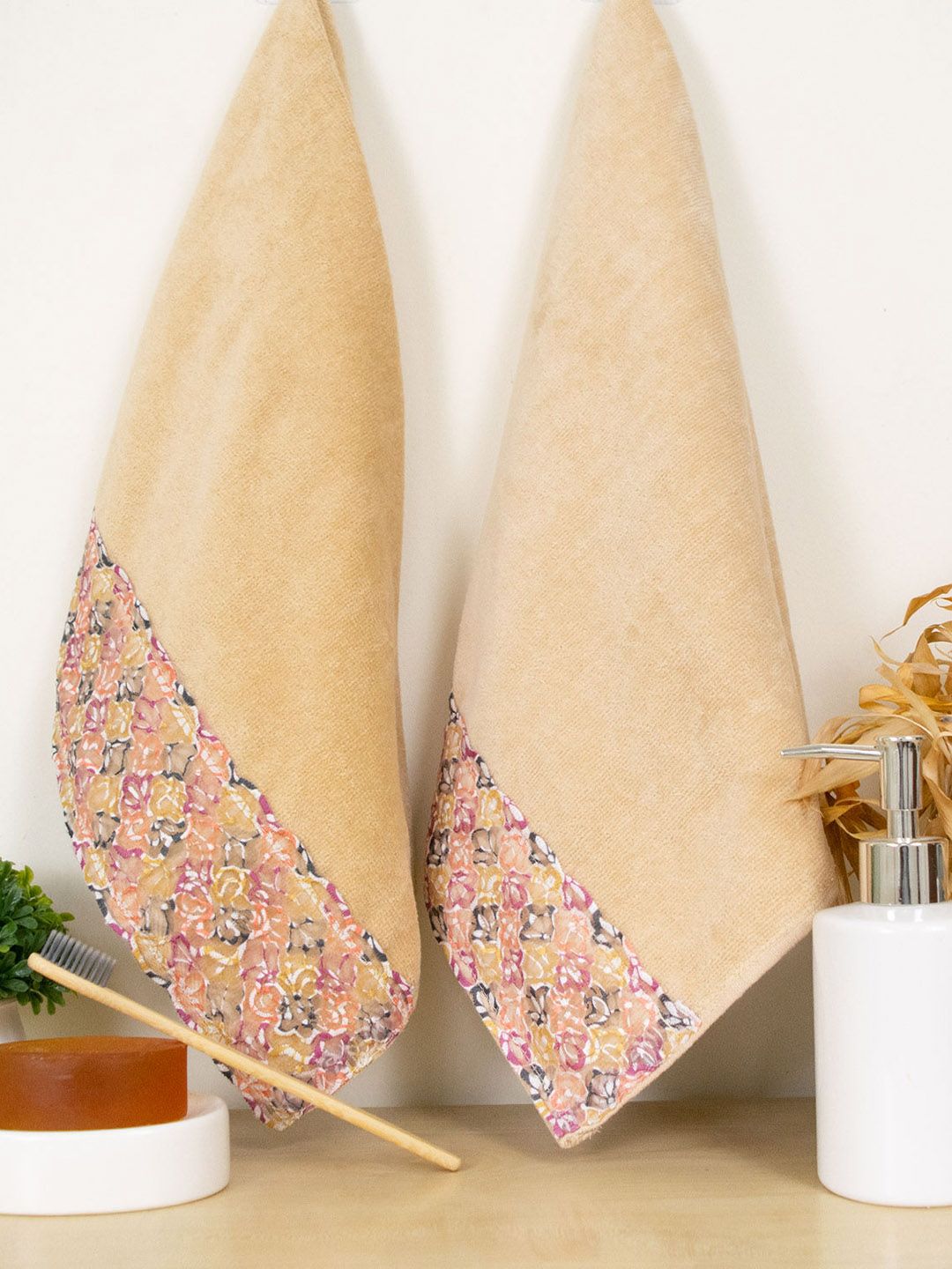 RANGOLI Set Of 2 Beige Printed 450 GSM Cotton Hand Towels-image-5