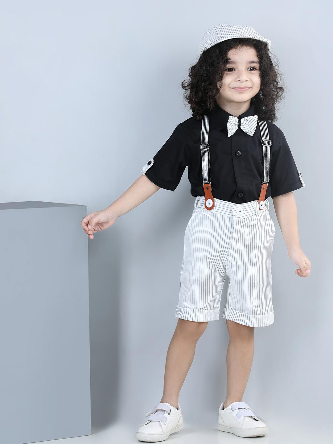 Aj DEZInES Boys Striped Shirt with Shorts & Cap Suspenders Clothing Set