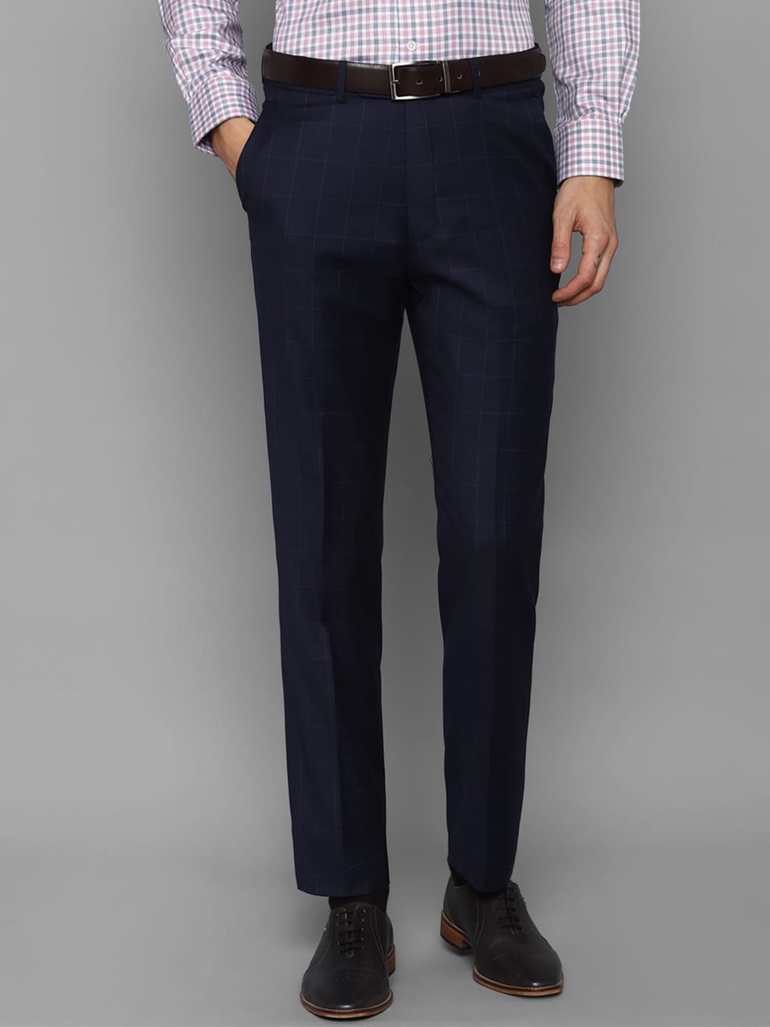 Luxure by Louis Philippe Men Navy Blue Checked Slim Fit Trousers-picture-32