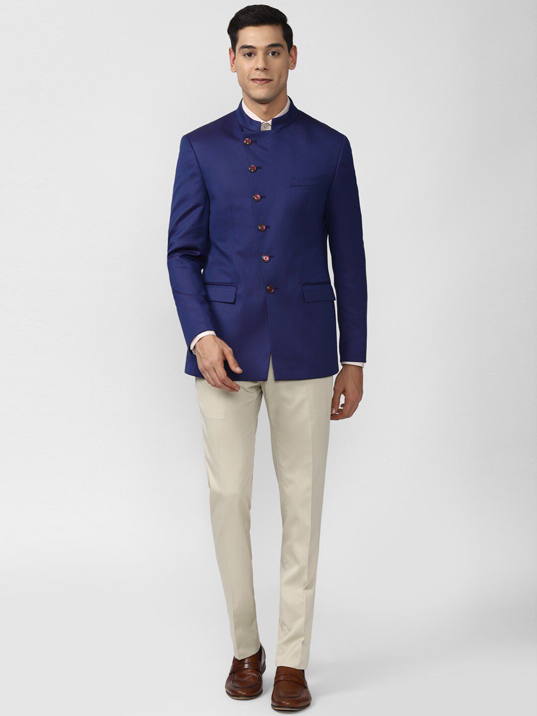 Peter England Elite Men Blue & Cream-Coloured Solid Single-Breasted 2-Piece Slim-Fit Bandhgala Suit-picture-35