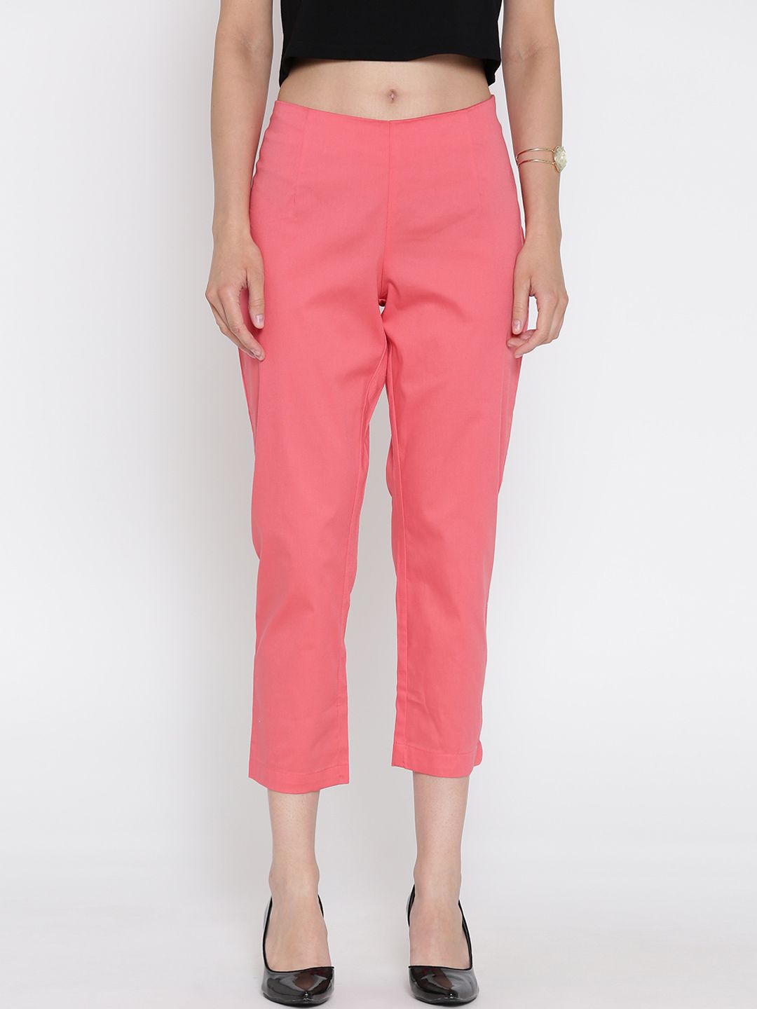 Rangriti Women Coral Pink Solid Cropped Trousers-picture-26