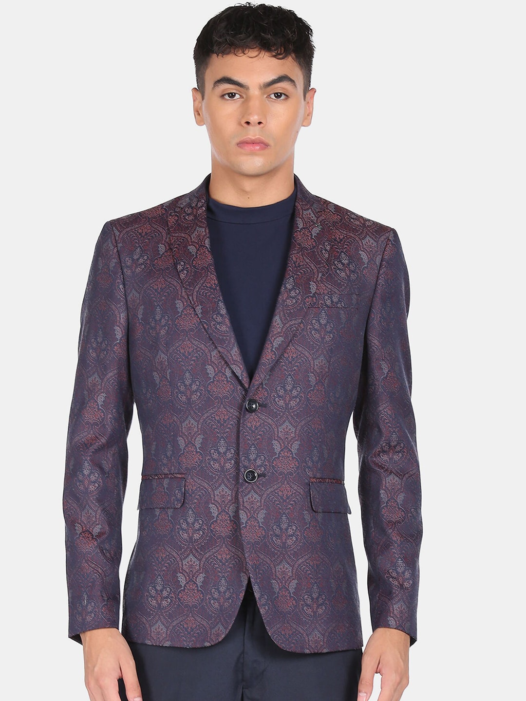 Arrow Men Blue Printed double-Breasted Casual Blazer