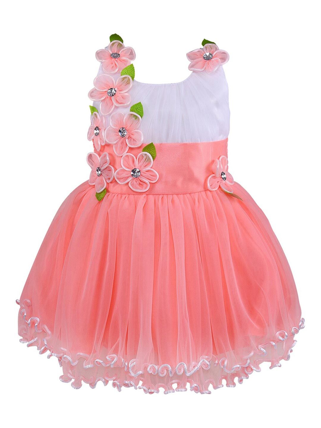 Wish Karo Girls Peach-Coloured Floral Embellished Net Dress-picture-17