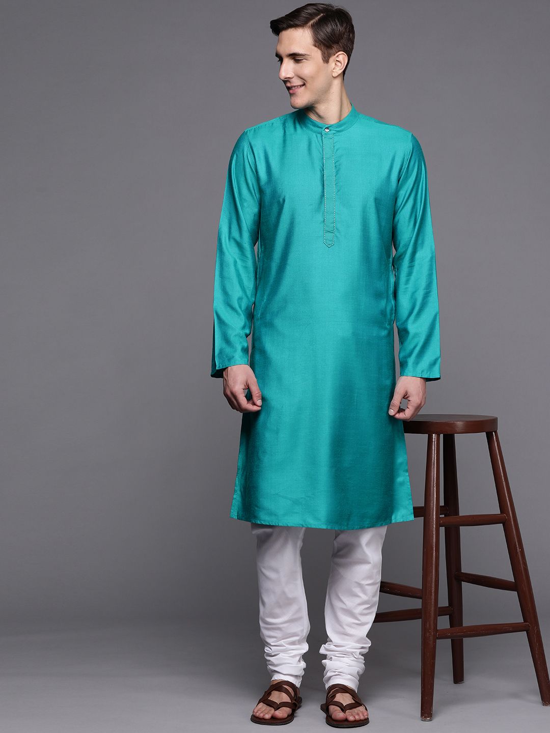 Fabindia Men Turquoise Blue Solid Slim Fit Straight Kurta-picture-11