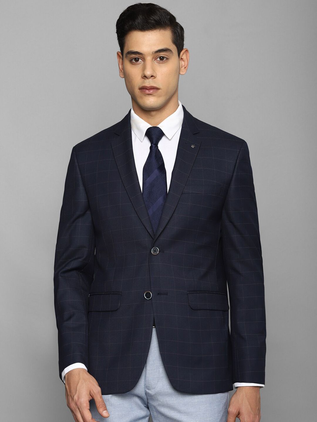 Louis Philippe Men Navy Blue Checked Single-Breasted Slim-Fit Formal Blazers-picture-20