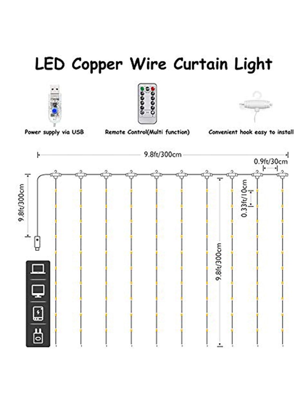 XERGY White 300 LED 8 Modes Remote Control USB Powered Waterproof Curtain String Lights-image-12