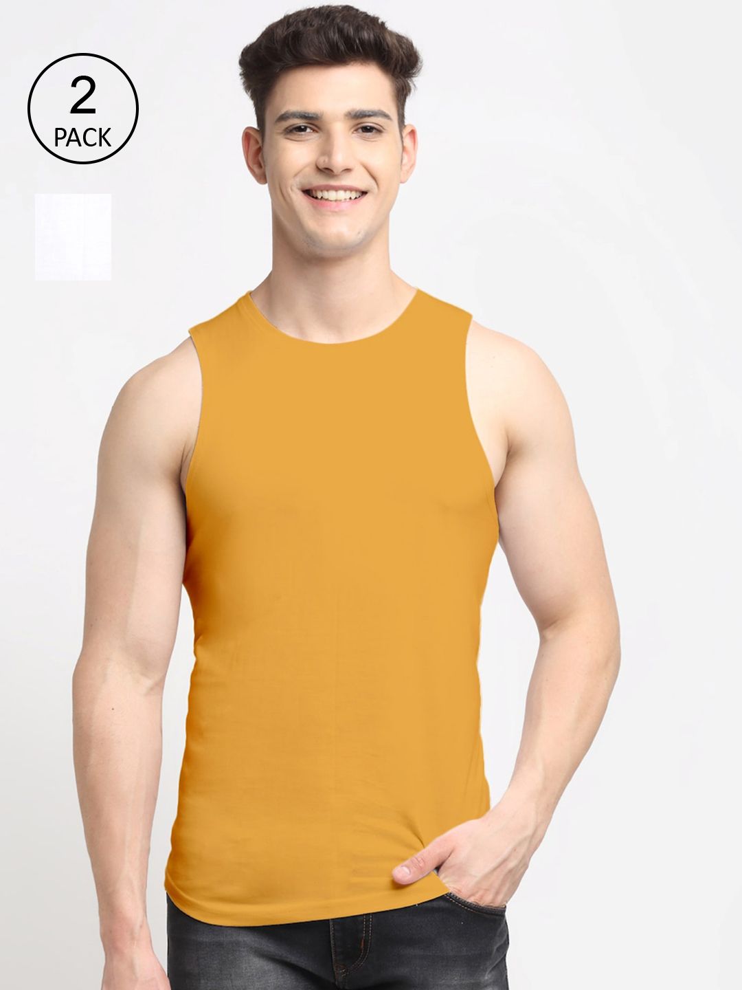Friskers Men Pack Of 2 White & Mustard Solid Cotton Innerwear Vests-image-41