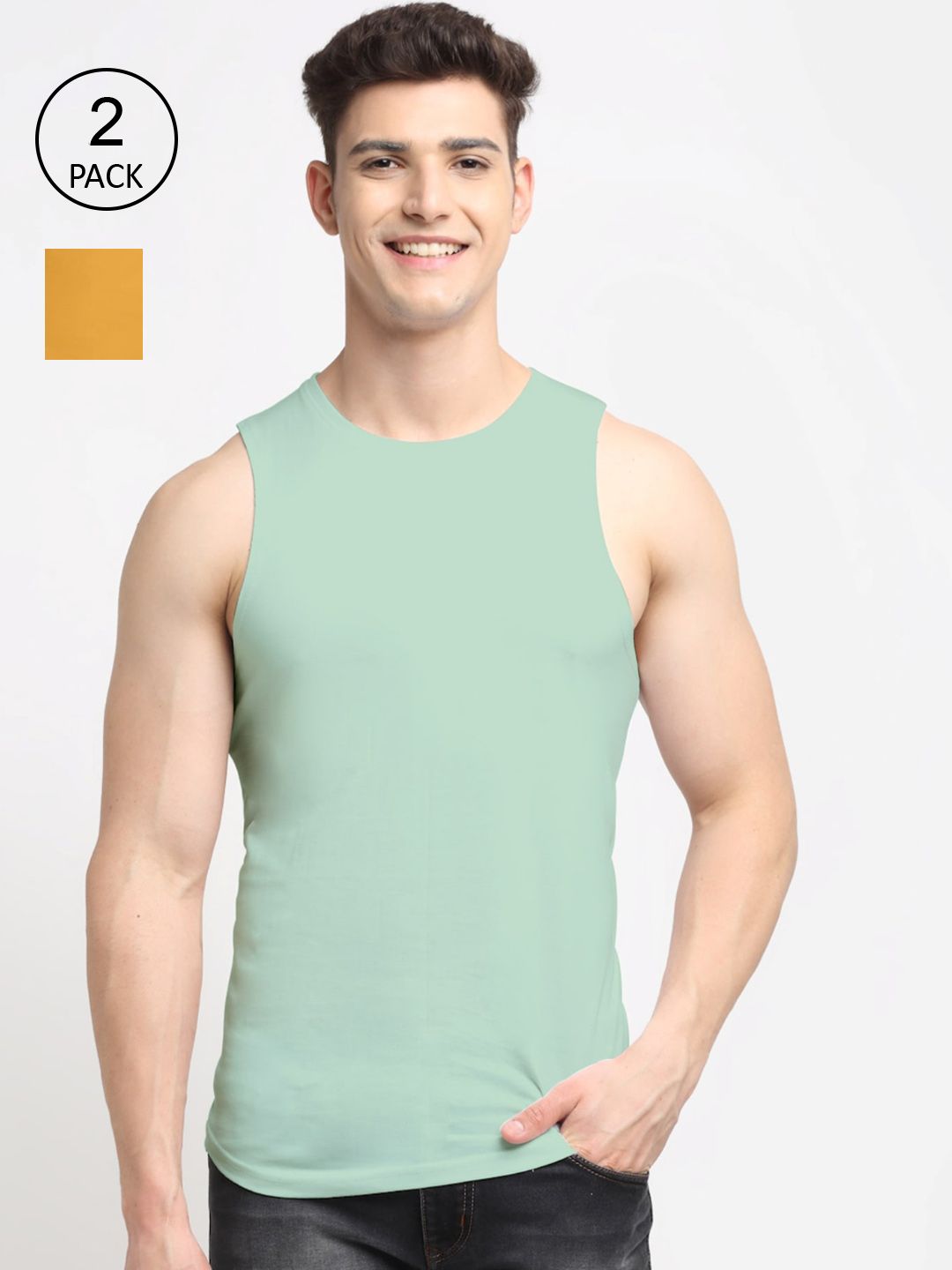 Friskers Men Pack Of 2 Gold & Pista Solid Innerwear Vests-image-7