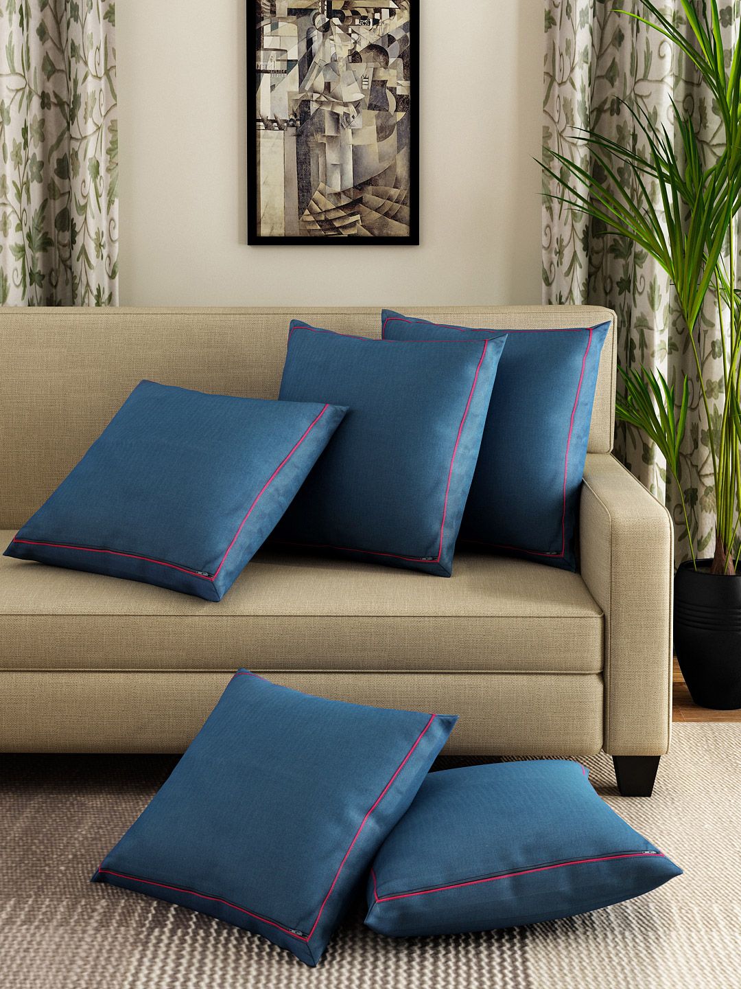 SWAYAM Navy Set of 5 16" x 16" Square Cushion Covers-image-30