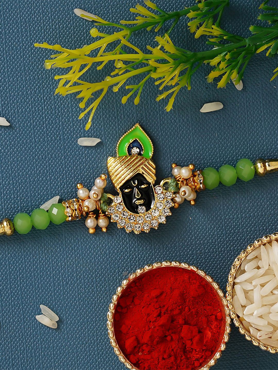 eCraftIndia Green & Gold-Toned Studded Shrinathji Rakhis-picture-23