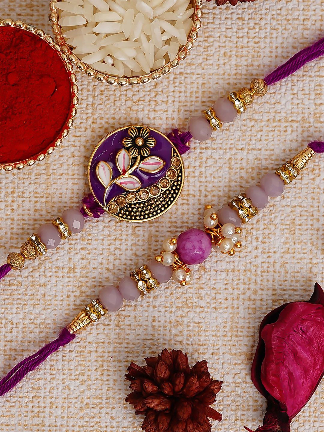 eCraftIndia Purple Floral Pearl Beaded Rakhi Set-picture-47