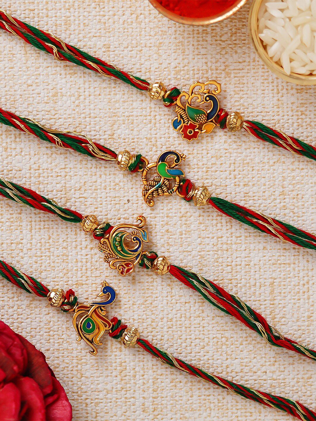 eCraftIndia Pack Of 4 Red Designer Rakhis & Roli Chawal-picture-26