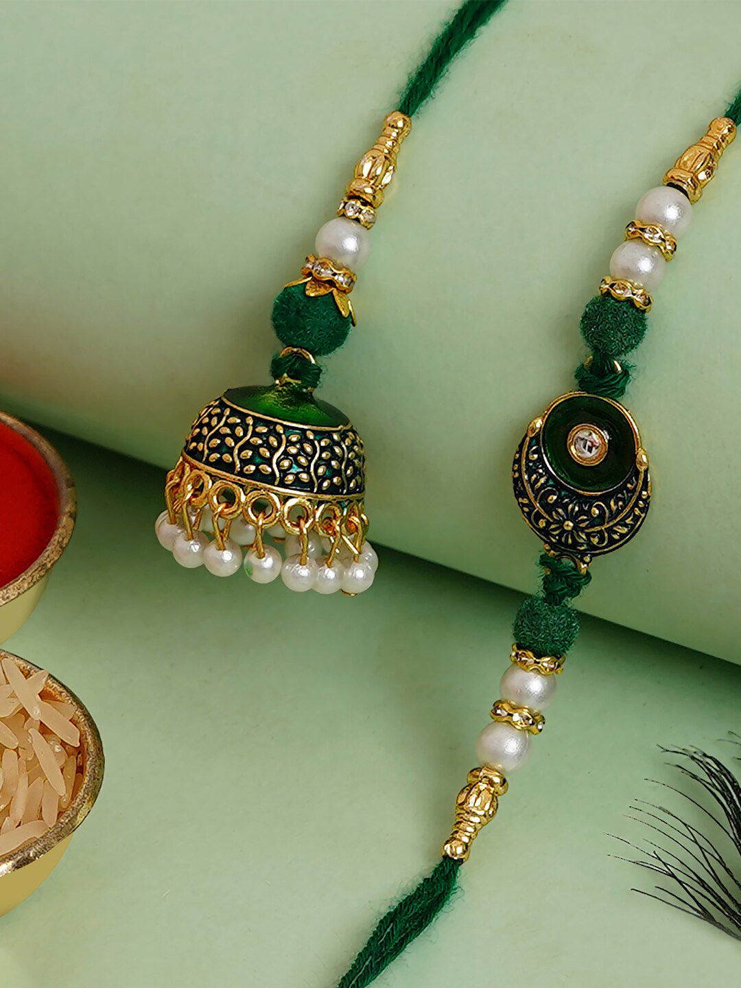 eCraftIndia Green Meenakari Bhaiya Bhabhi Rakhi Set-picture-31