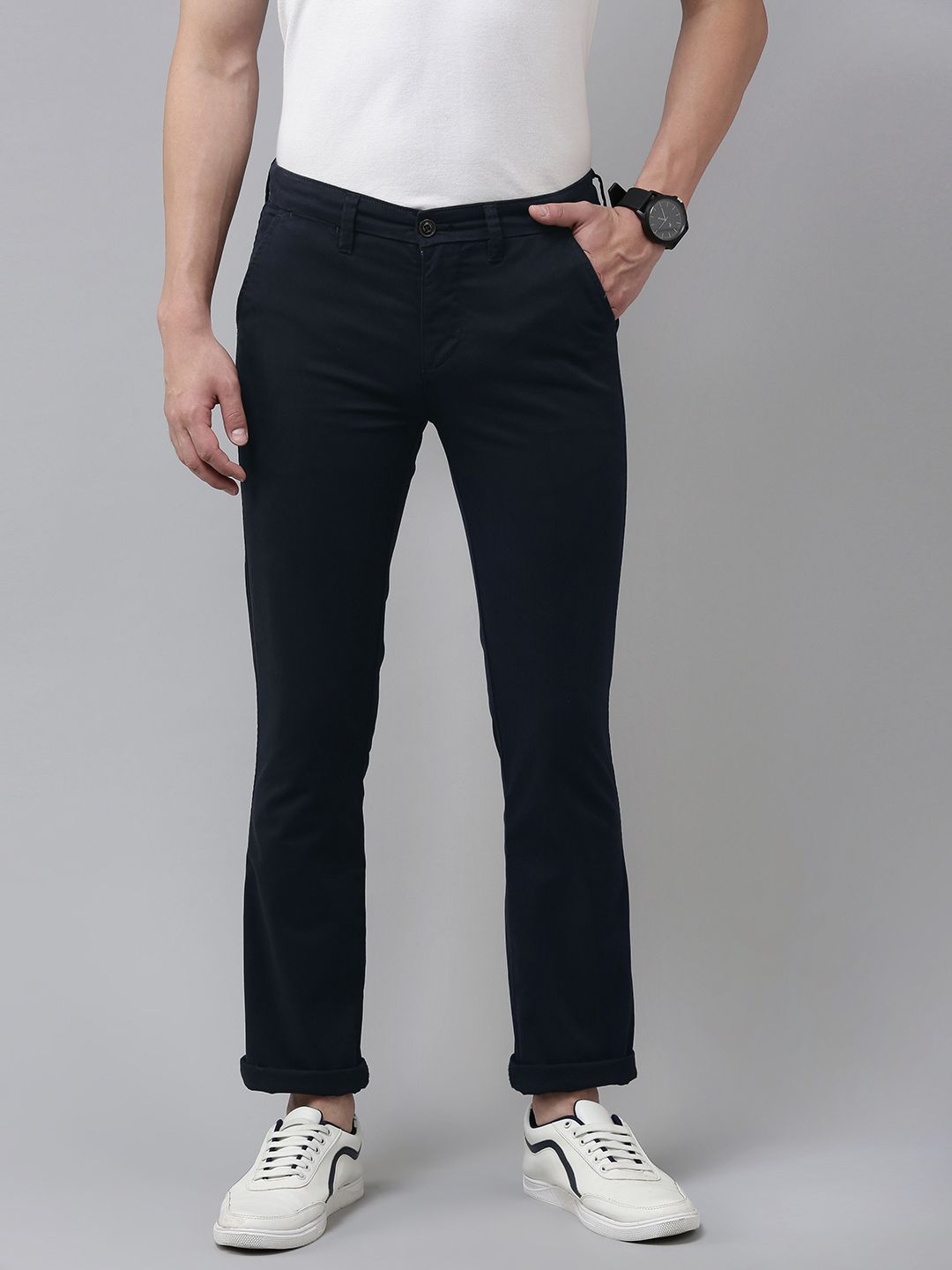 Pepe Jeans Men Navy Blue Solid Slim Fit Chinos Trousers