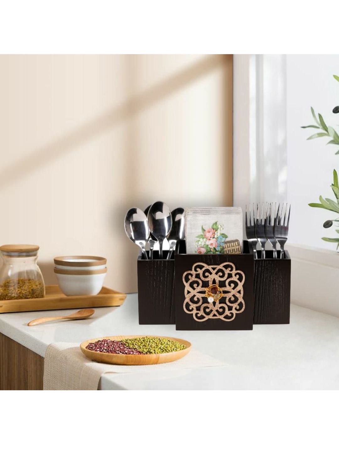 COCKTAIL Brown Printed Wooden MDF Cutlery Holder