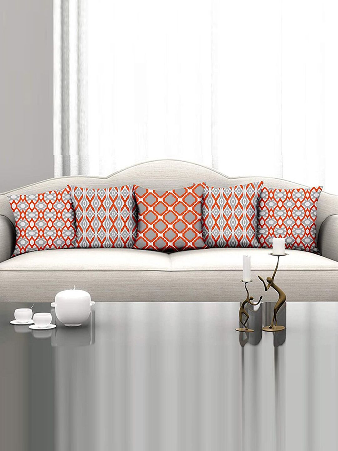 homewards Grey & Red Set of 5 Checked Satin Square Cushion Covers-image-36