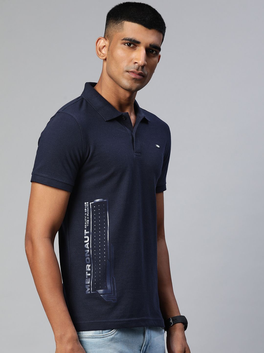 Metronaut Men Navy Blue Brand Logo Printed Polo Collar T-shirt