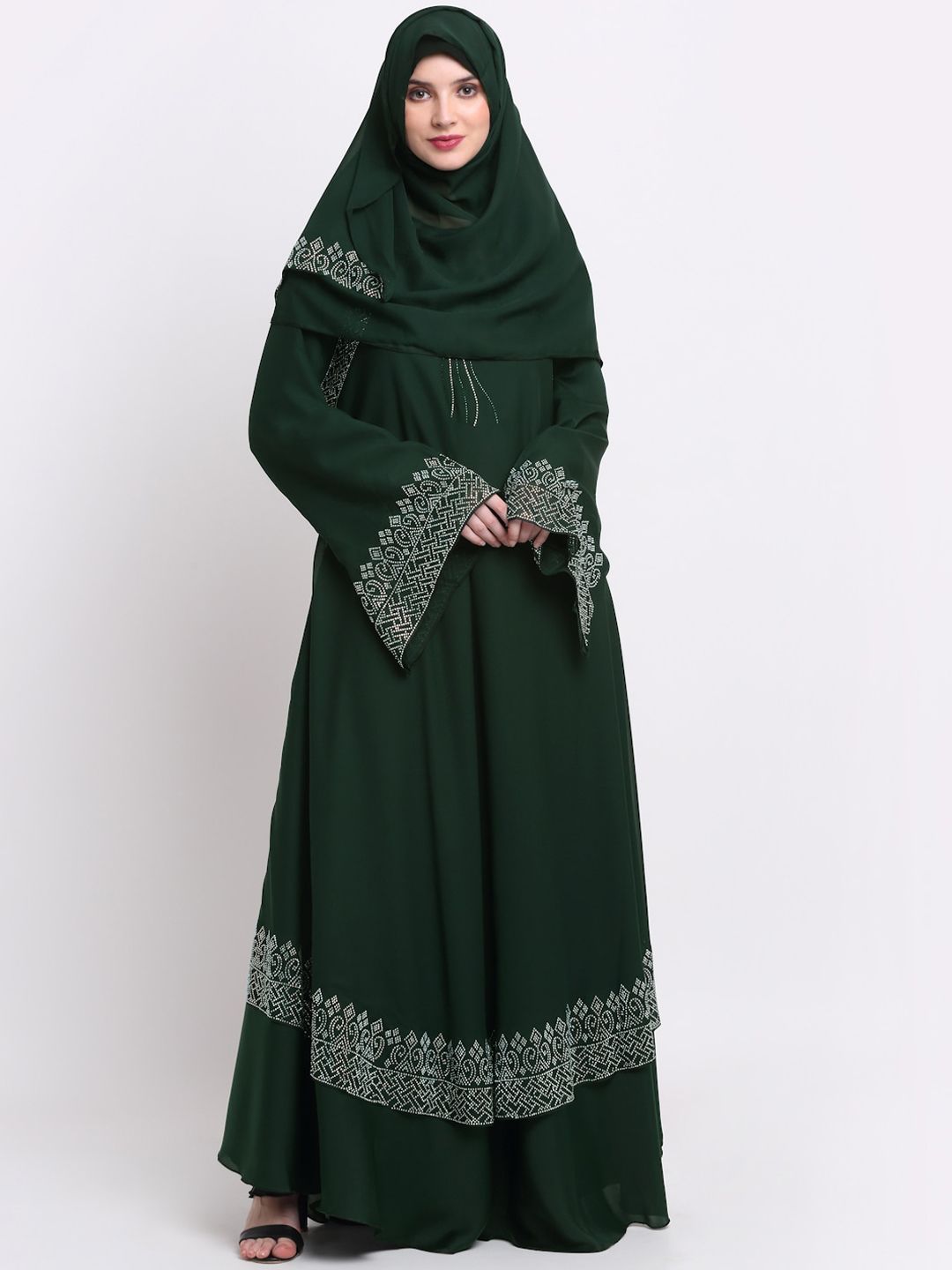 KLOTTHE Women Green & Silver-Coloured Embellished Burqa-picture-35