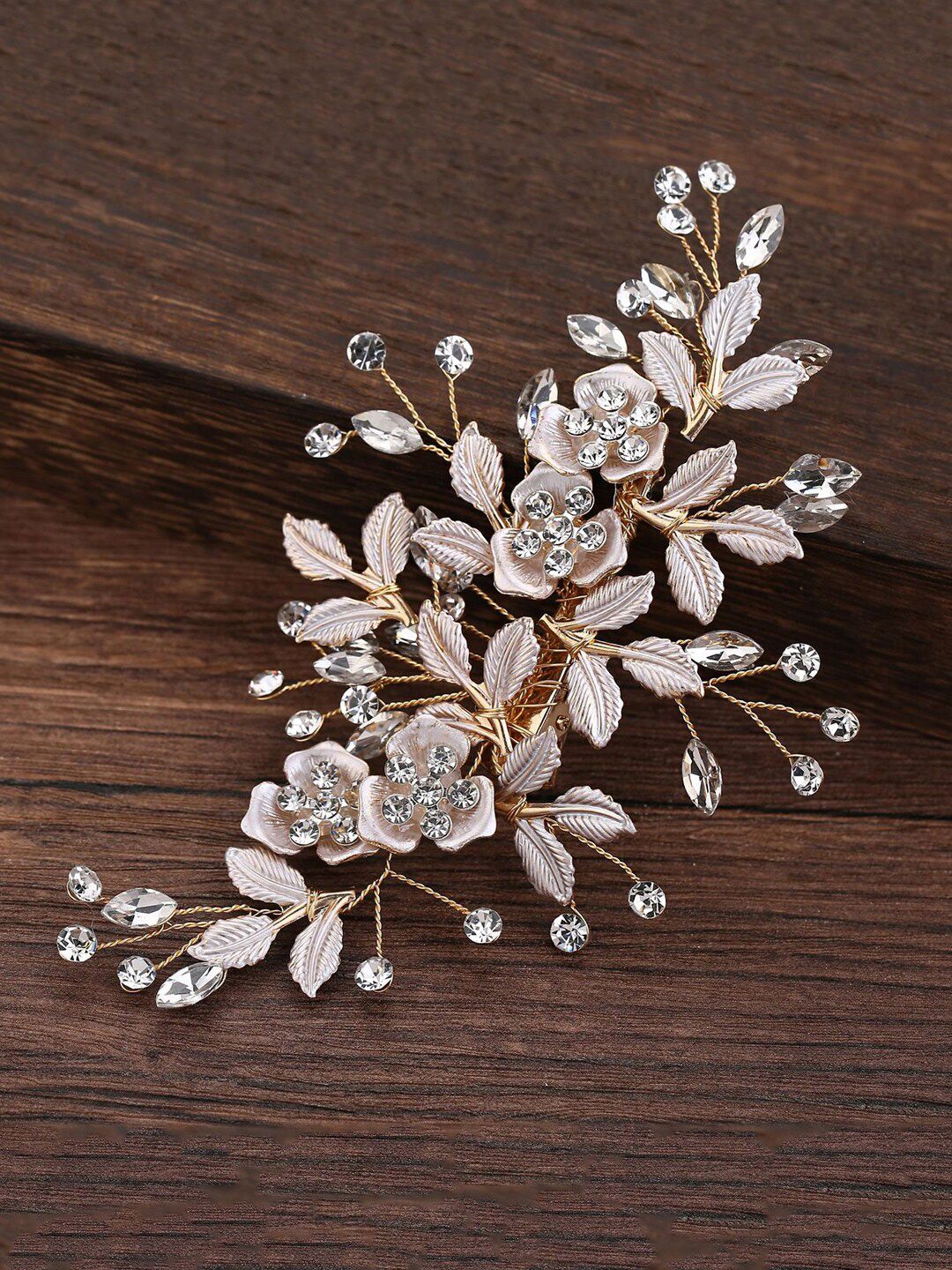Yellow Chimes Women White & Gold-Toned Embellished Leaf Hair Vine-picture-21