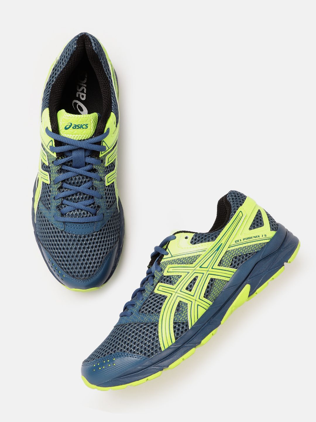 ASICS Men Blue & Neon Green Woven Design Gel-Phoenix 7B Running Shoes ...