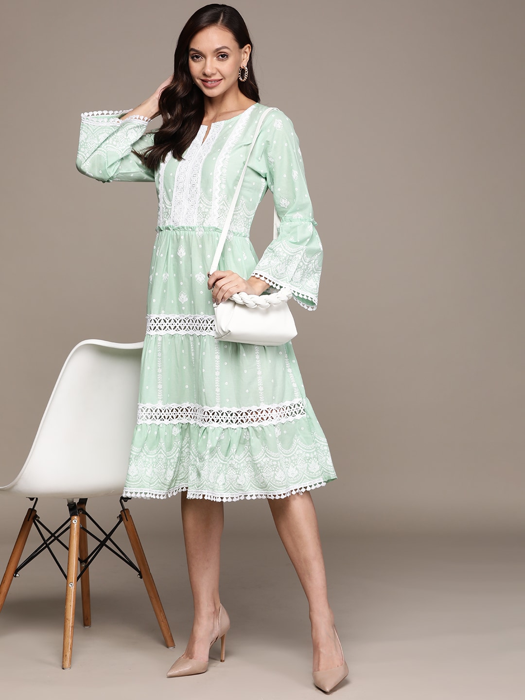 Ishin Sea Green & White Floral Embroidered A-Line Dress