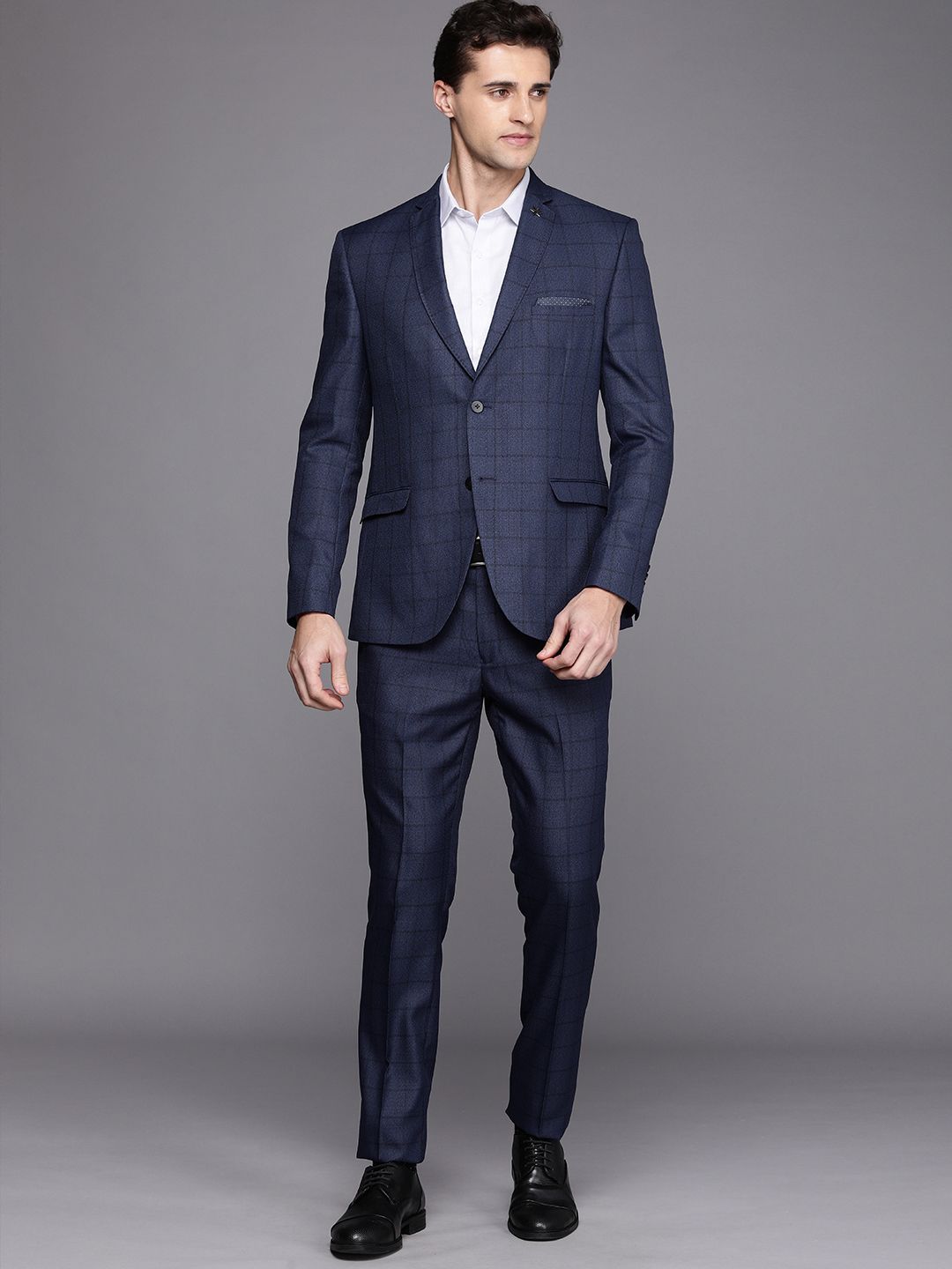 Theme Men Navy Blue Checked Slim Fit 2 Piece Suit