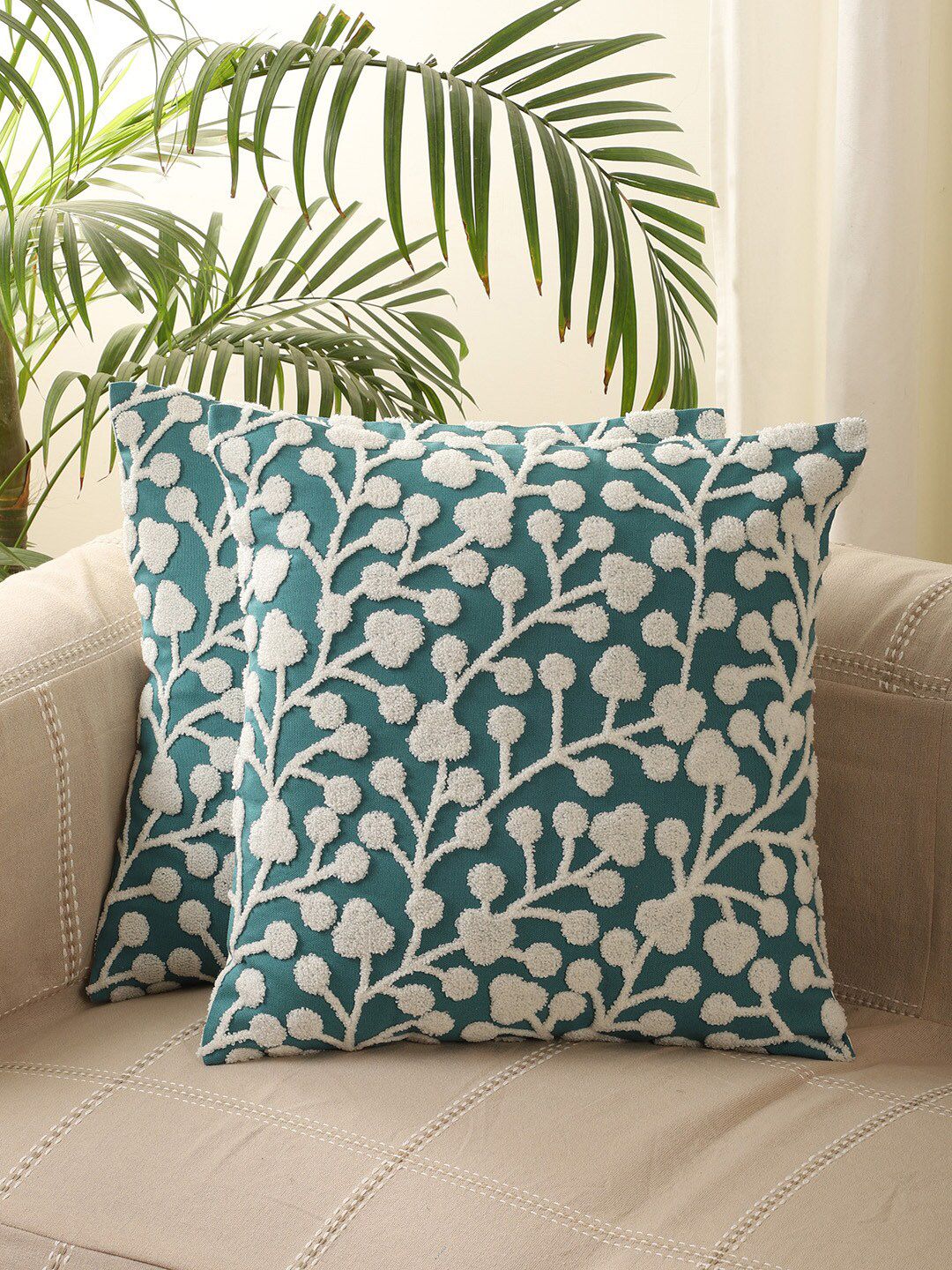 Jamio Firati Green & White Set of 5 Floral Square Cushion Covers-image-37