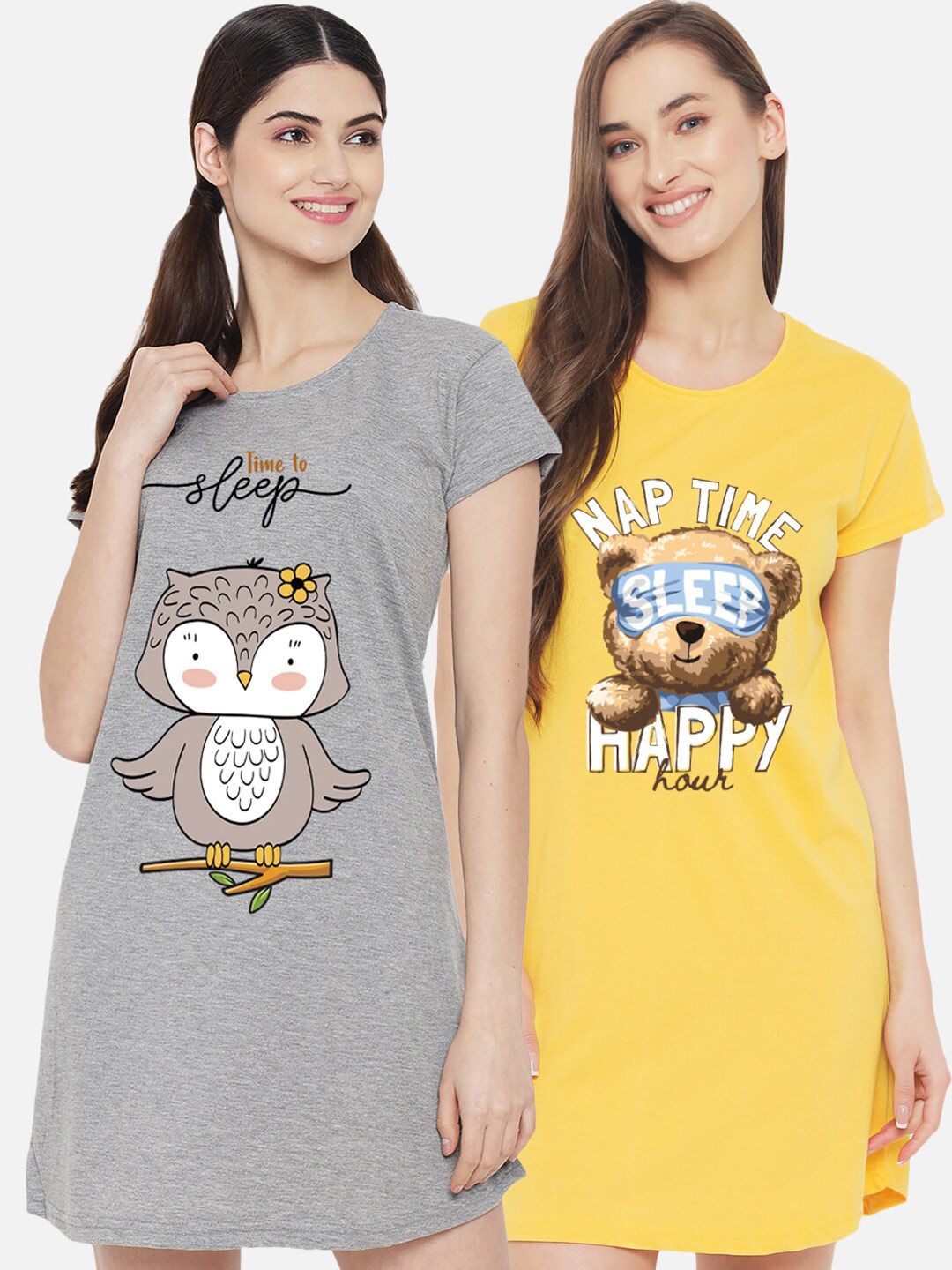 FFLIRTYGO Pack of 2 Yellow & Grey Printed T-Shirt Nightdress-picture-15