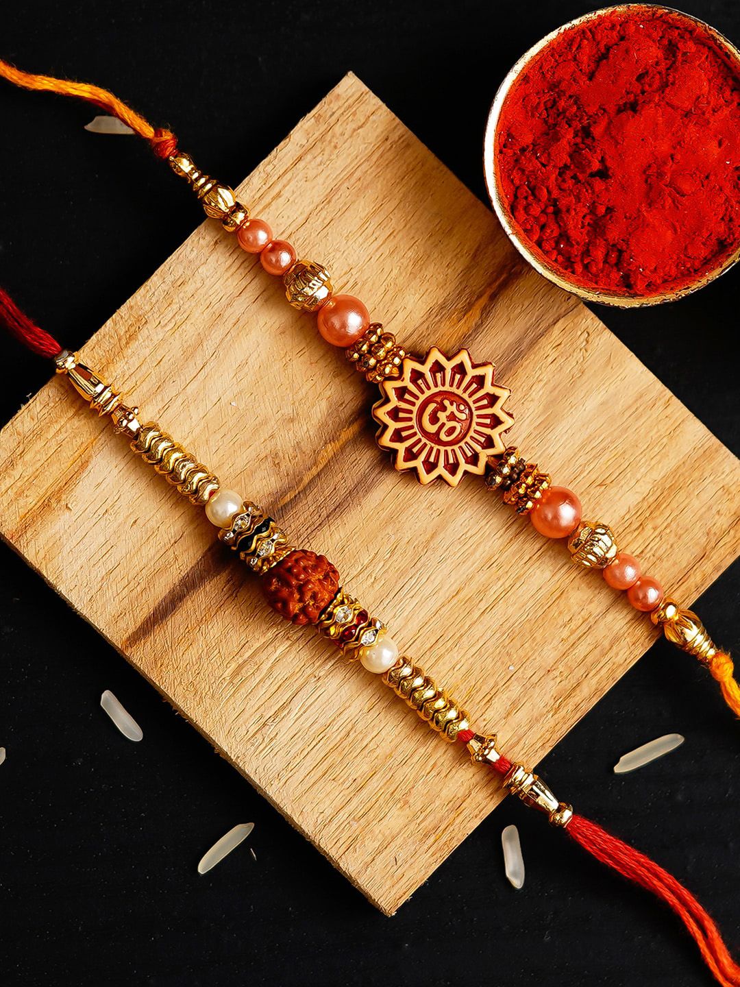 eCraftIndia Set Of 2 Brown & Red Om & Rudraksha Beaded Rakhi-picture-34