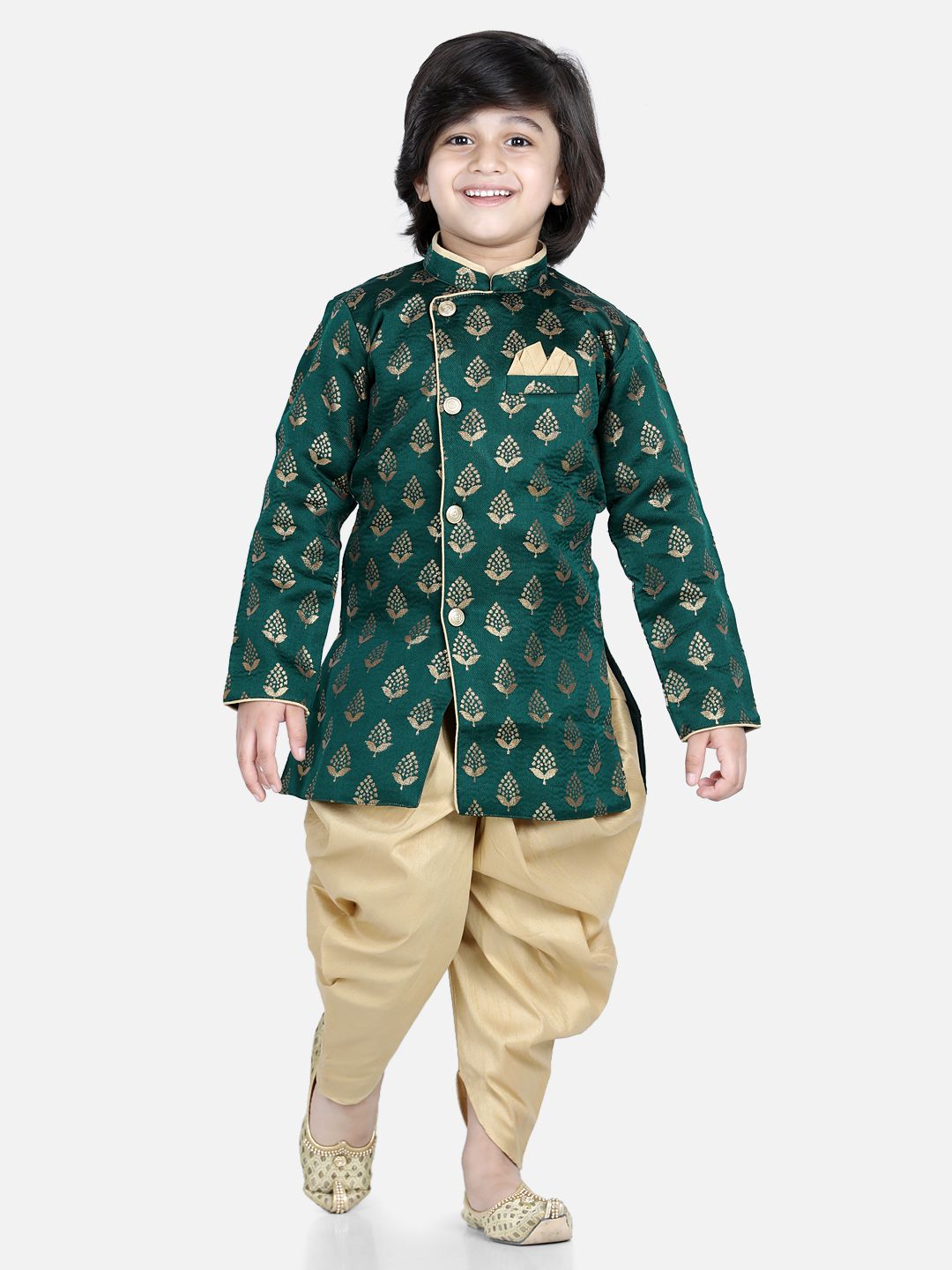 BownBee Boys Green Ethnic Motifs Printed Full Sleeve Jacquard Sherwani-picture-32