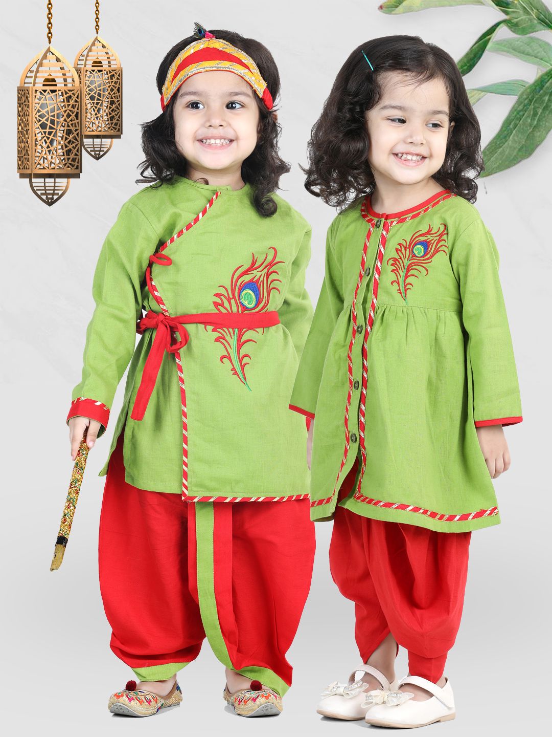 BownBee Girls Green & Orange Embroidered Pure Cotton Top With Dhoti & Mukut-picture-52