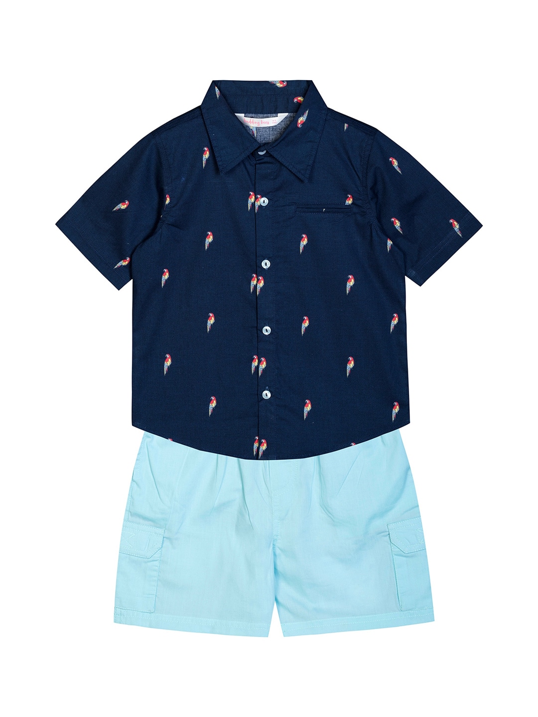Budding Bees Boys Blue & Red Printed Pure Cotton Shirt with Shorts
