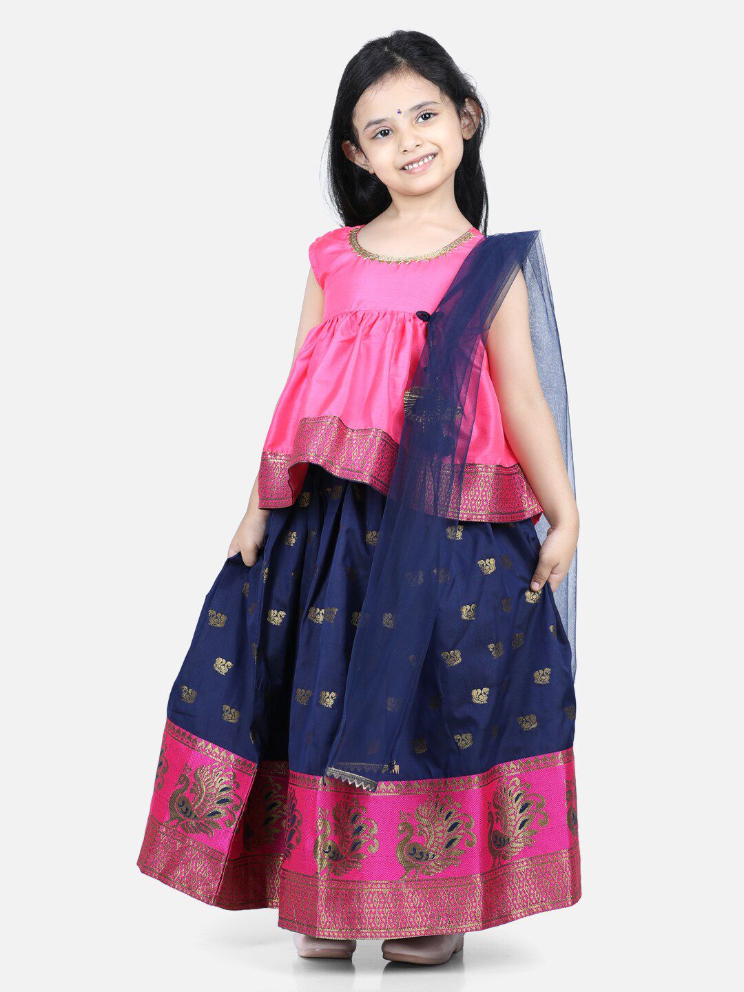 BownBee Girls Pink & Blue Flared Choli With Jacquard Lehenga & Dupatta-picture-30