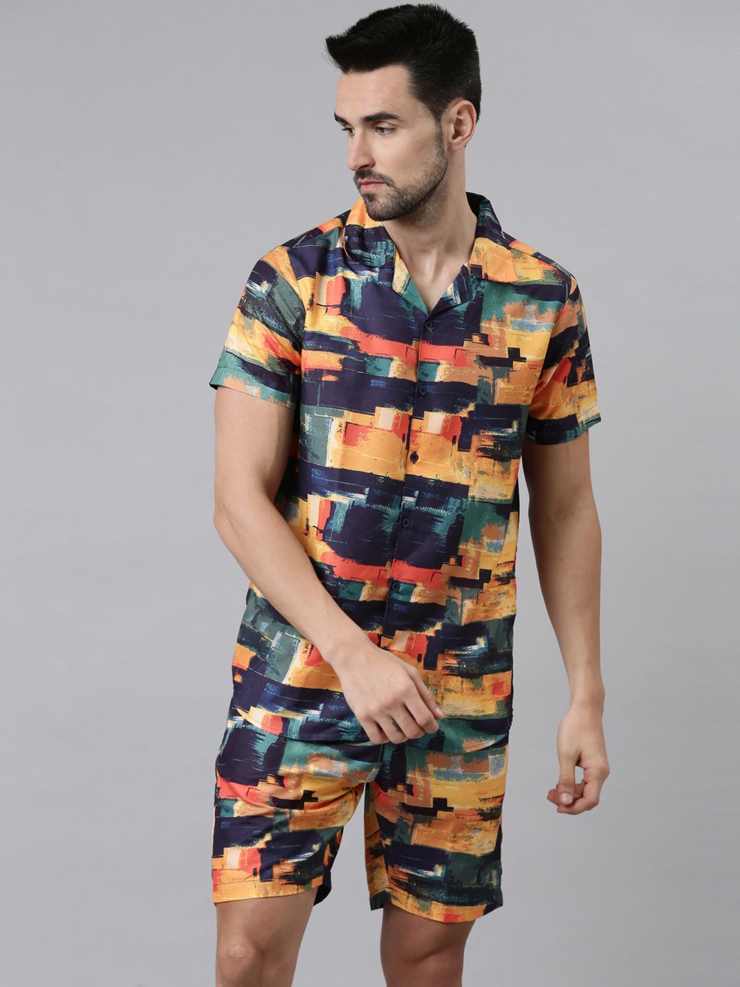 Bushirt Men Orange & Black Printed Night suit-image-44