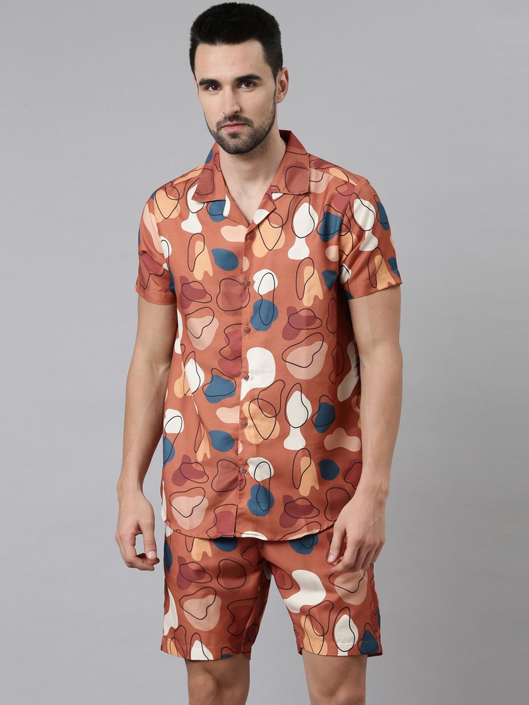 Bushirt Men Camel Brown & White Printed Night suit-picture-13