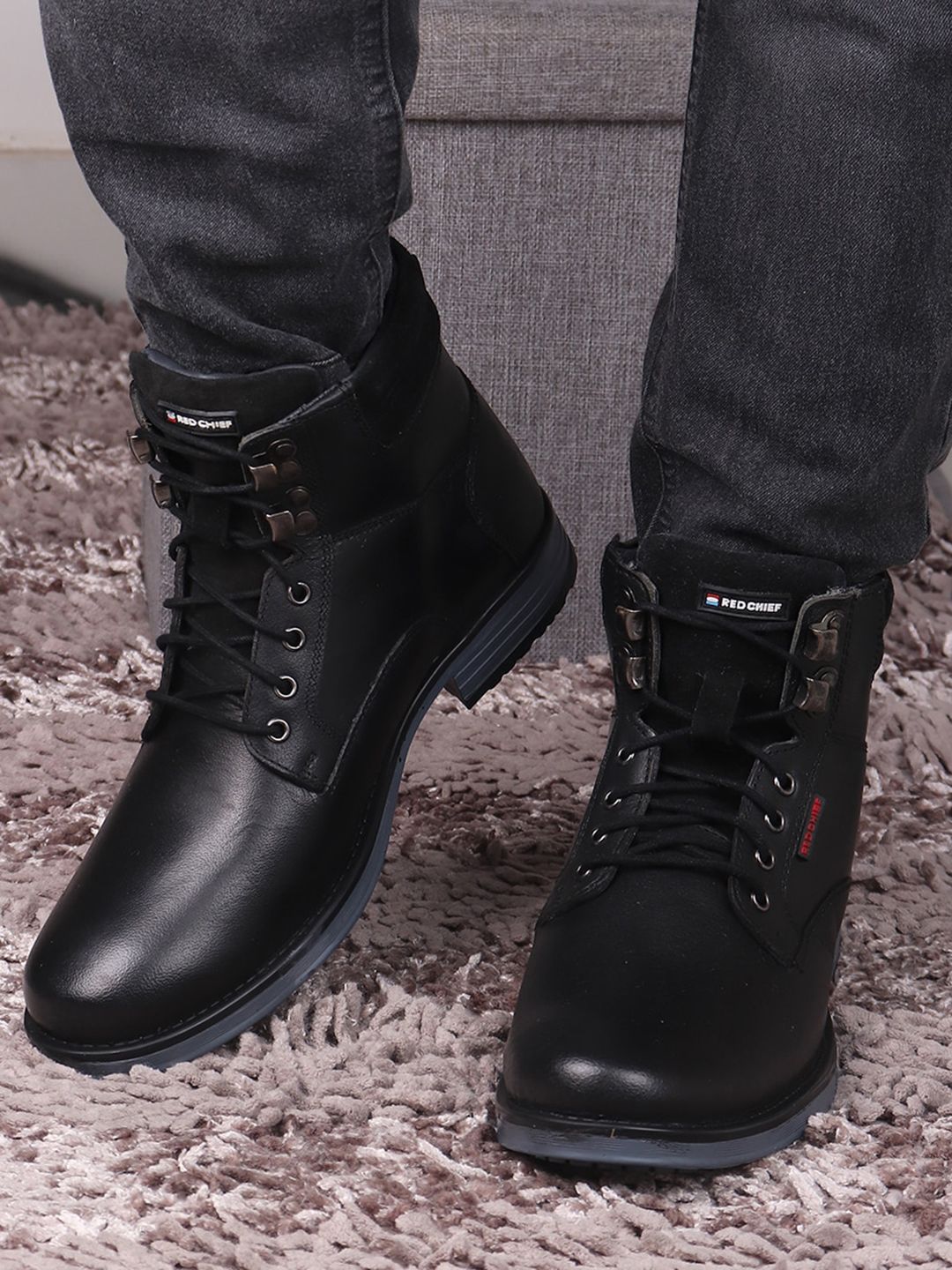 Red Chief Men Black Leather Casual Boots