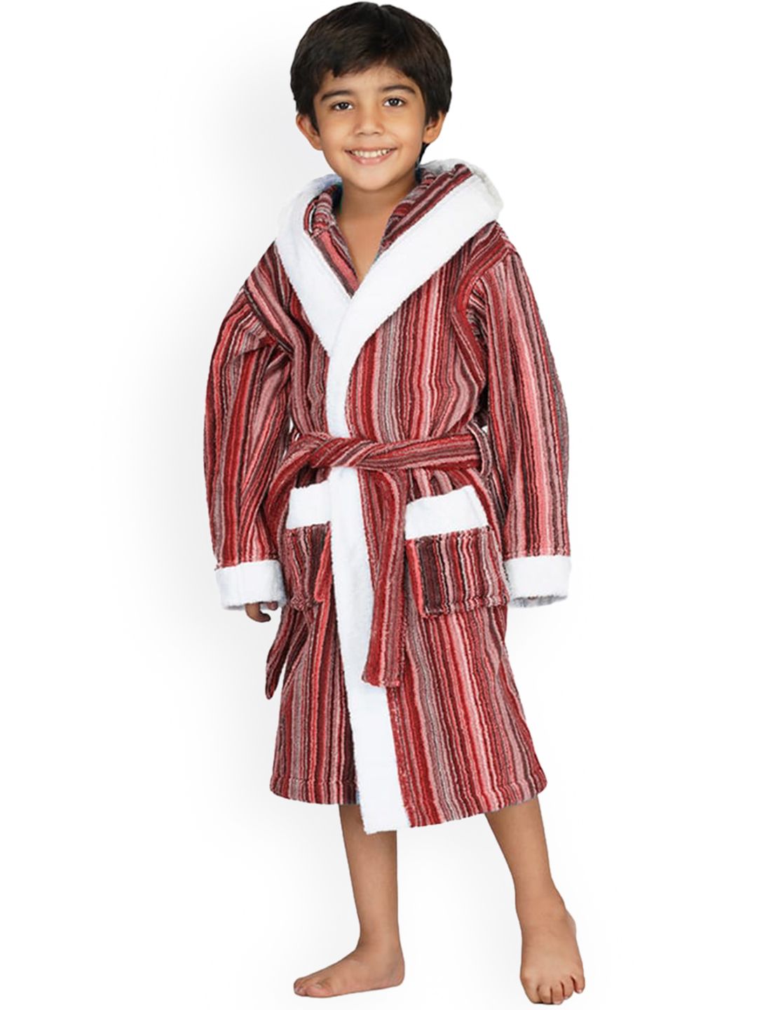 RANGOLI Unisex Kids Maroon Striped 400 GSM Pure Cotton Bath Robe-image-43